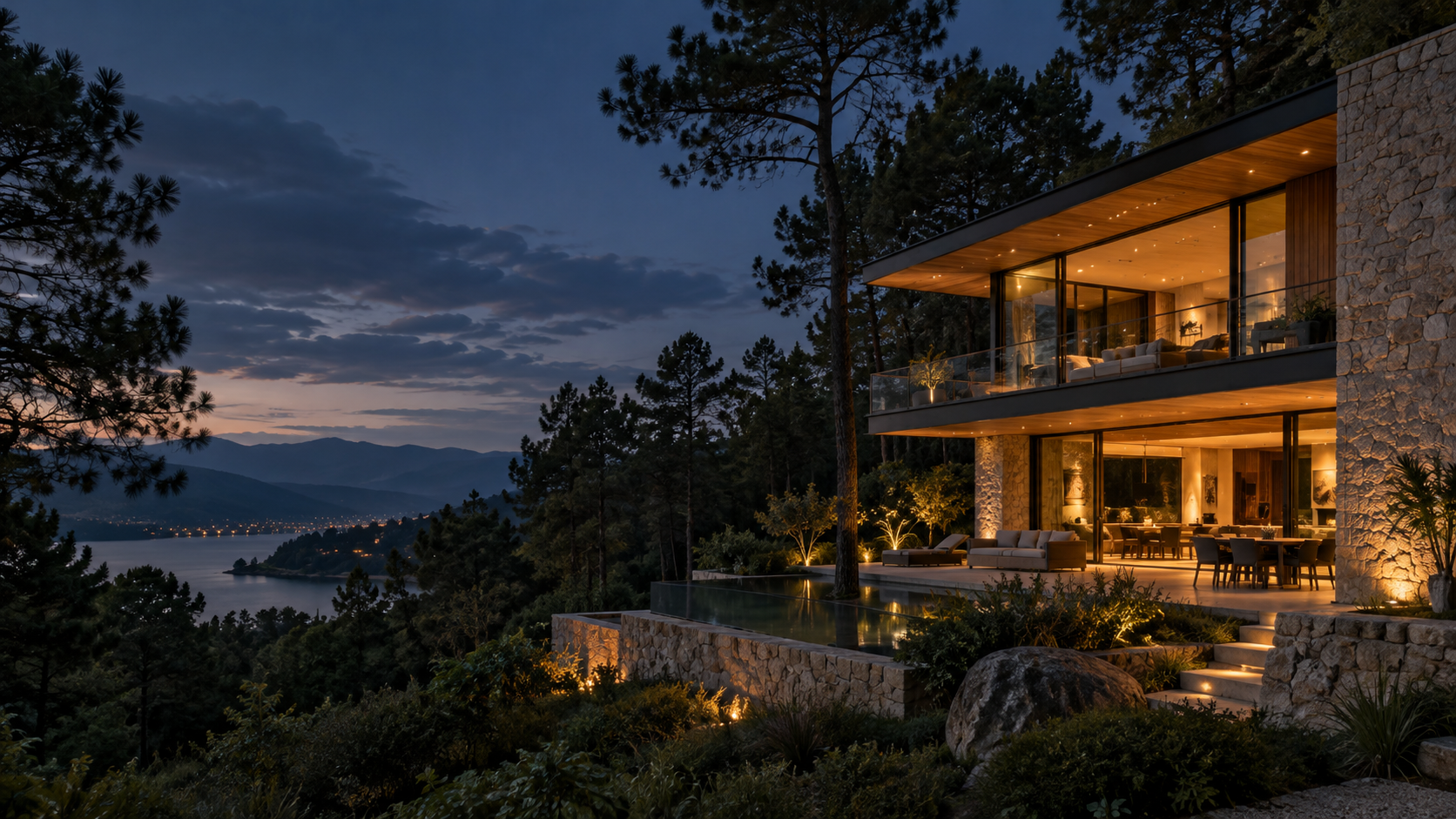 Residencia contemporánea iluminada entre los pinos de Valle de Bravo